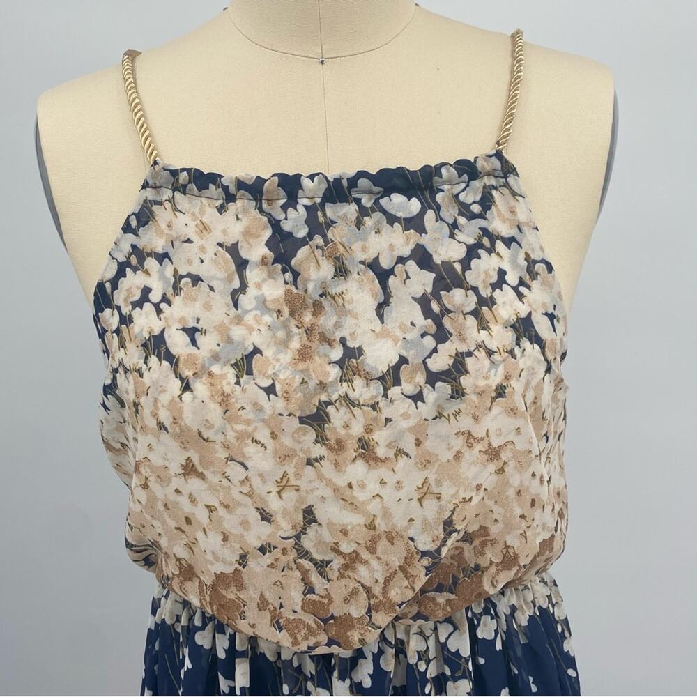 Hologram Navy Blue & Cream Floral Gold Braided Halter Maxi Dress Size Medium - Picture 8 of 10
